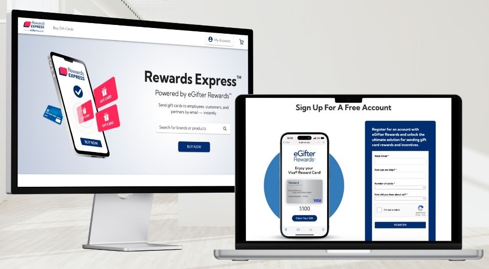 Two computers, desktop showing RewardsExpress.com for Small Orders and laptop showing eGifterRewards.com