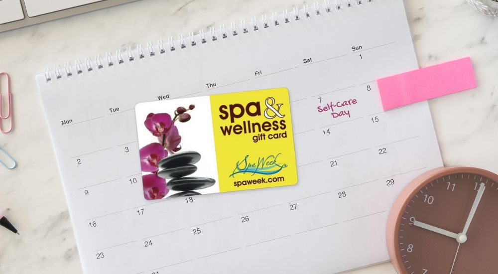 Spa & Wellness Gift Card placed on a calendar, highlighting a scheduled self-care day for wellness and relaxation.